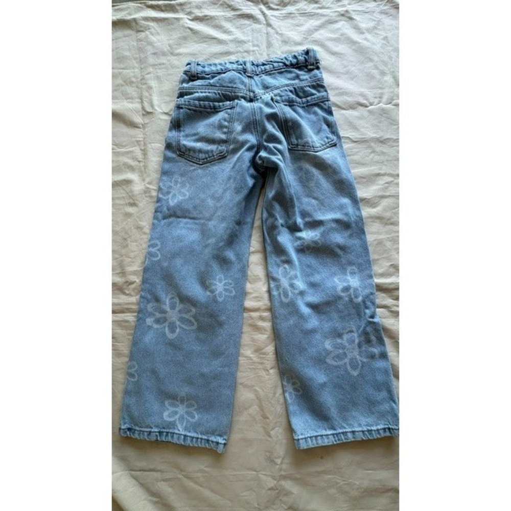 Primark Girls Floral Print Wide Leg Jeans Sz 7-8 Light Wash Demin Elastic Waist - Picture 5 of 11